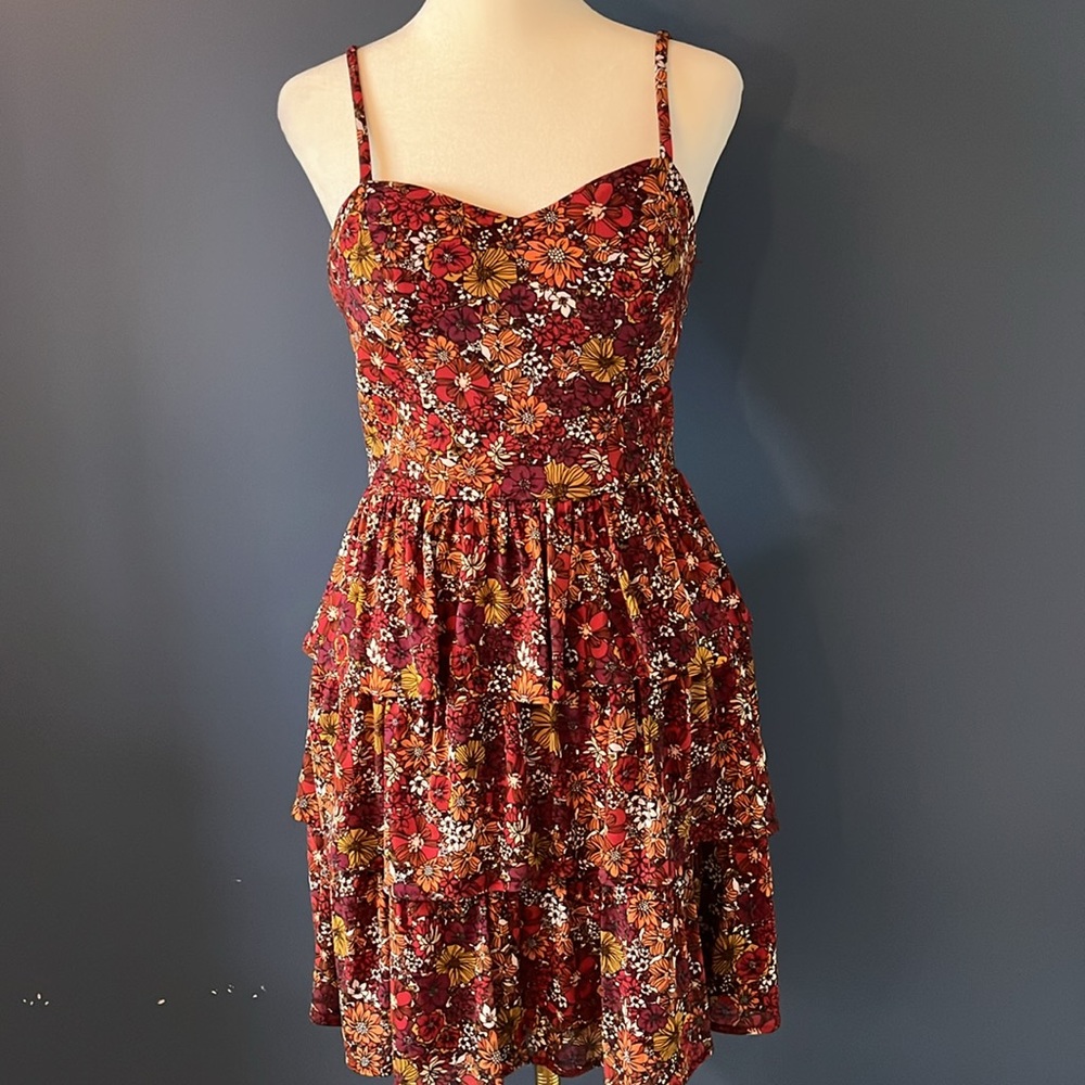By & by burgandy red floral, spaghetti strap, tiered dress - Picture 1 of 10